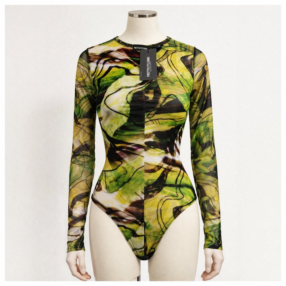 PrettyLittleThing Mesh Bodysuit NWT US 8 Green Abstract Long Sleeve